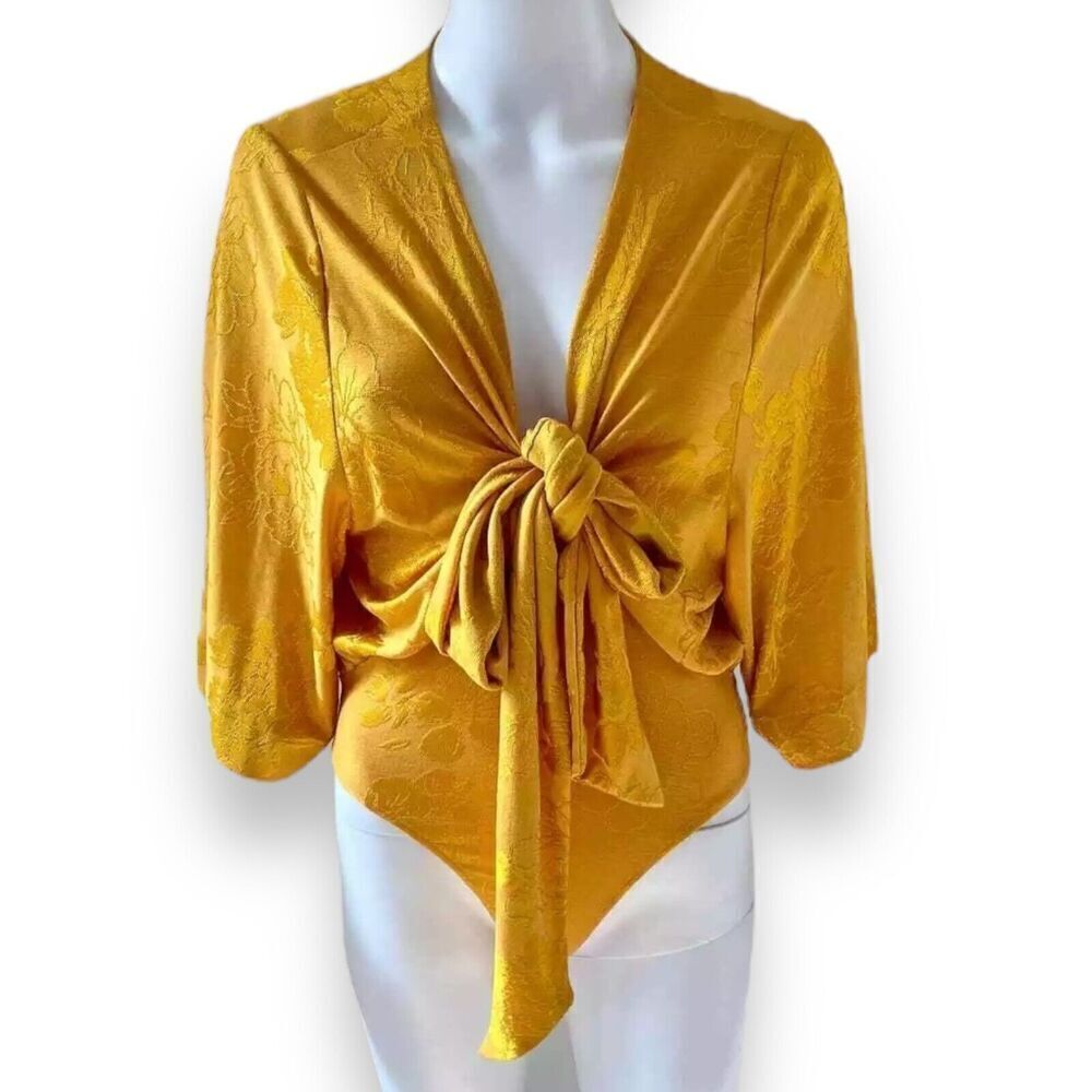Zara Bodysuit WMNS S Yellow Floral One Piece‎ Embroidered Knot Tie Jacquard